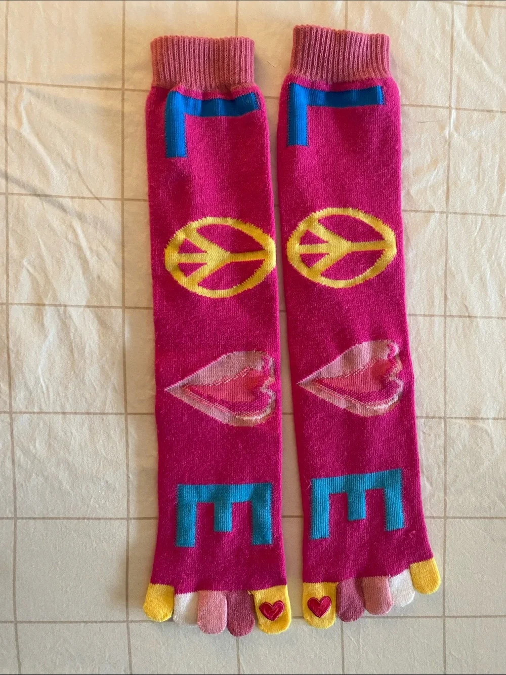 Pink Toe Socks with LOVE Peace & Heart Motifs